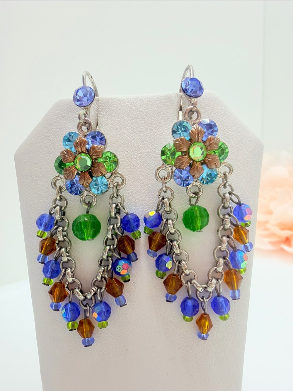 Multi-colored beaded vintage earrings with blue, green, and brown beads #beaded
